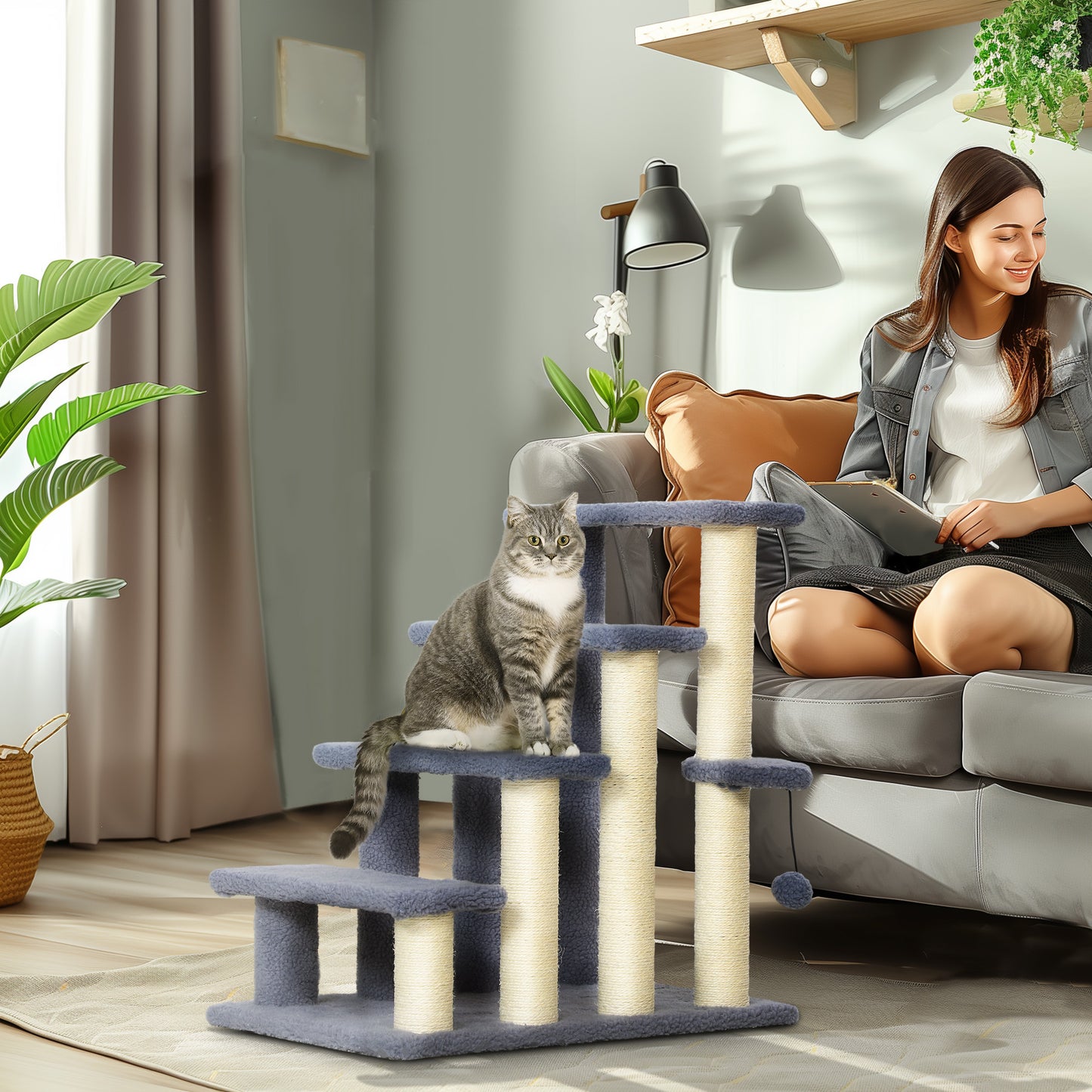 Pawhunt 4 Levels Cat Steps with Scratching Posts for High Bed, Sofa, Gray