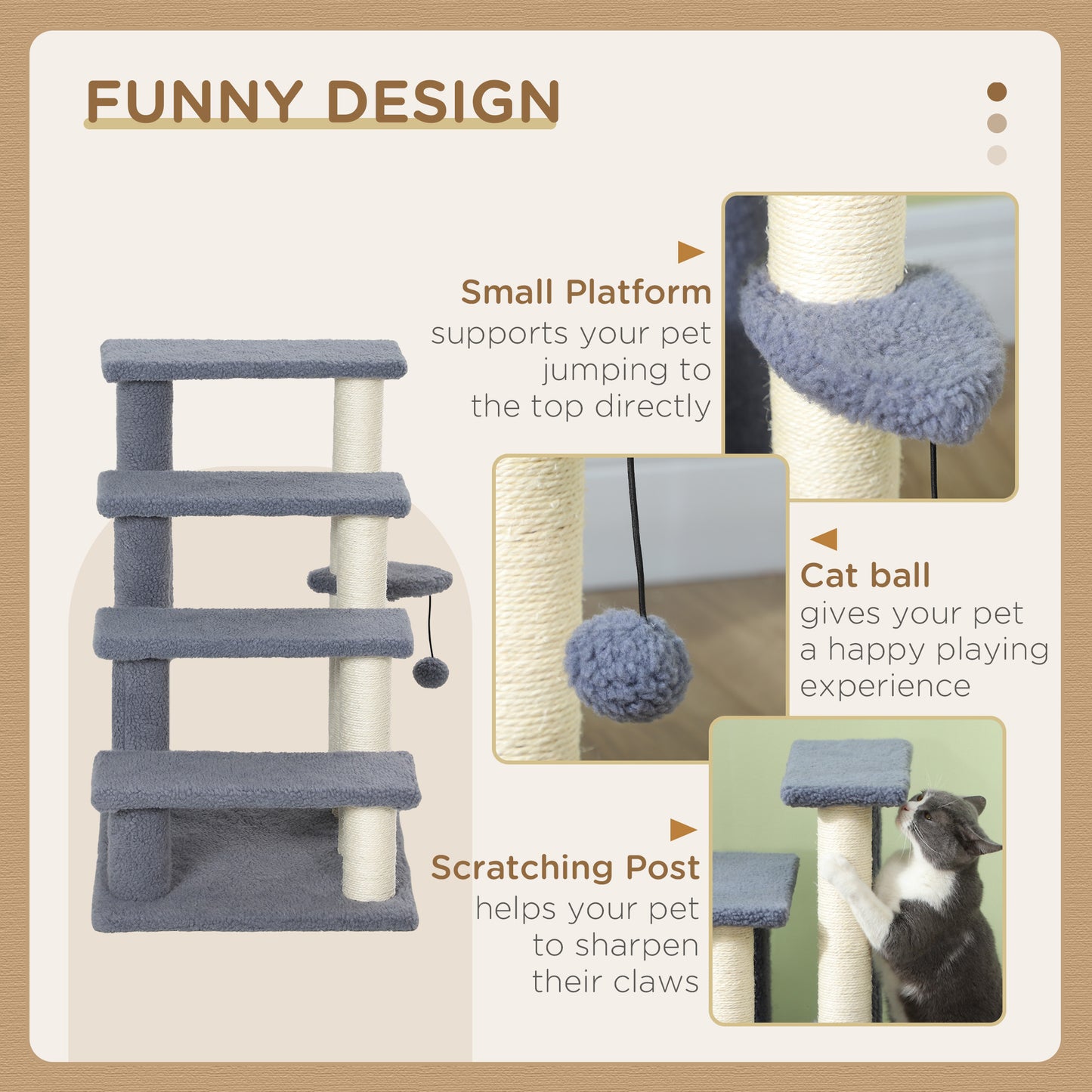 Pawhunt 4 Levels Cat Steps with Scratching Posts for High Bed, Sofa, Gray