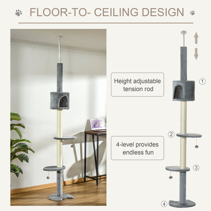 PawHut 100" Cat Tree Height Adjustable Floor-to-Ceiling 4-Tier Kitty Climbing Activity Center Condo Cat Toy with Scratching Post Hanging Balls Play Rest Post Pet Furniture Grey