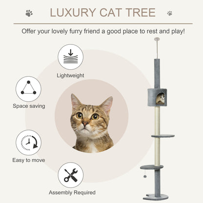 PawHut 100" Cat Tree Height Adjustable Floor-to-Ceiling 4-Tier Kitty Climbing Activity Center Condo Cat Toy with Scratching Post Hanging Balls Play Rest Post Pet Furniture Grey