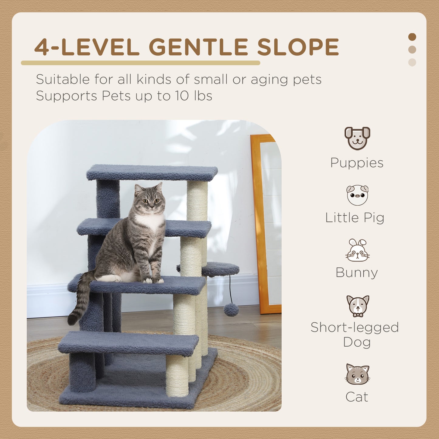 Pawhunt 4 Levels Cat Steps with Scratching Posts for High Bed, Sofa, Gray