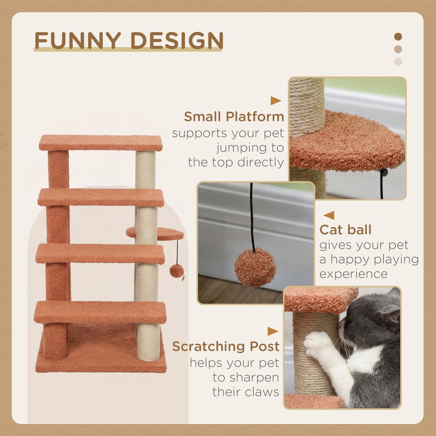 Pawhunt 4 Levels Cat Steps with Scratching Posts for High Bed, Sofa, Brown