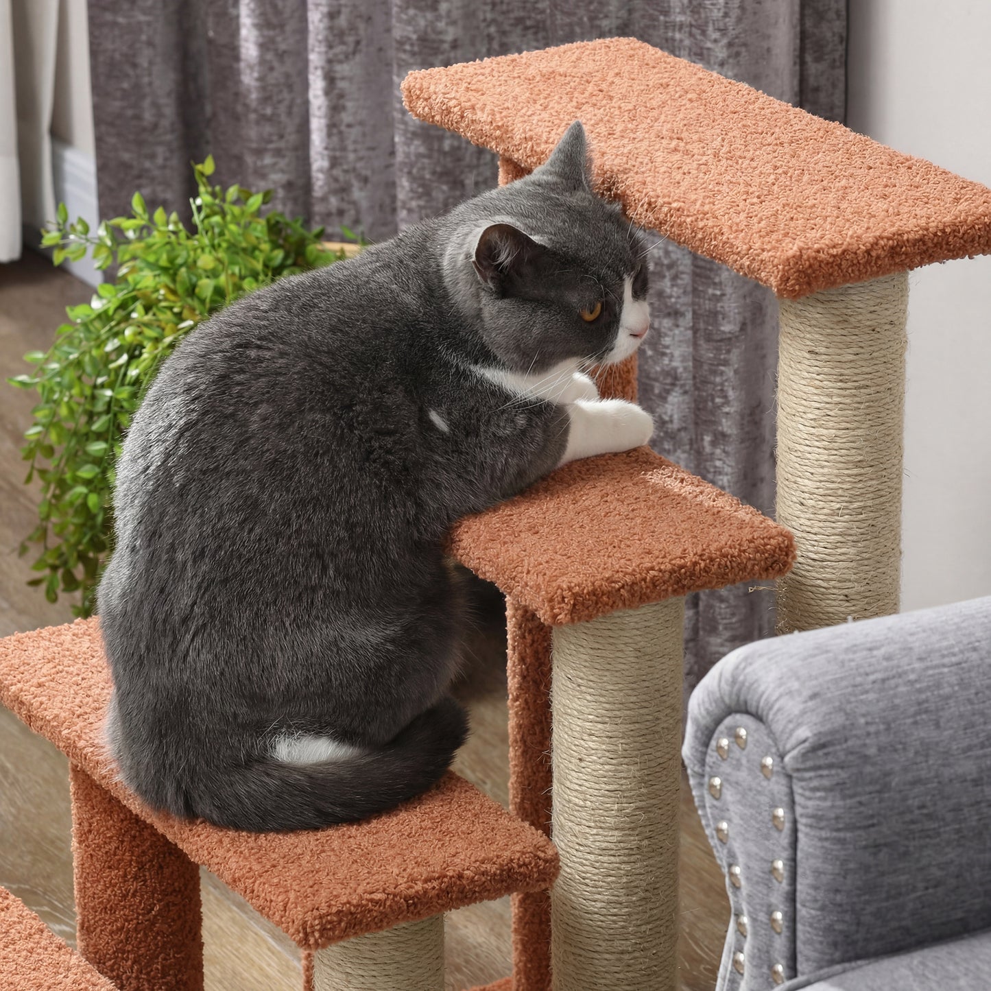 Pawhunt 4 Levels Cat Steps with Scratching Posts for High Bed, Sofa, Brown