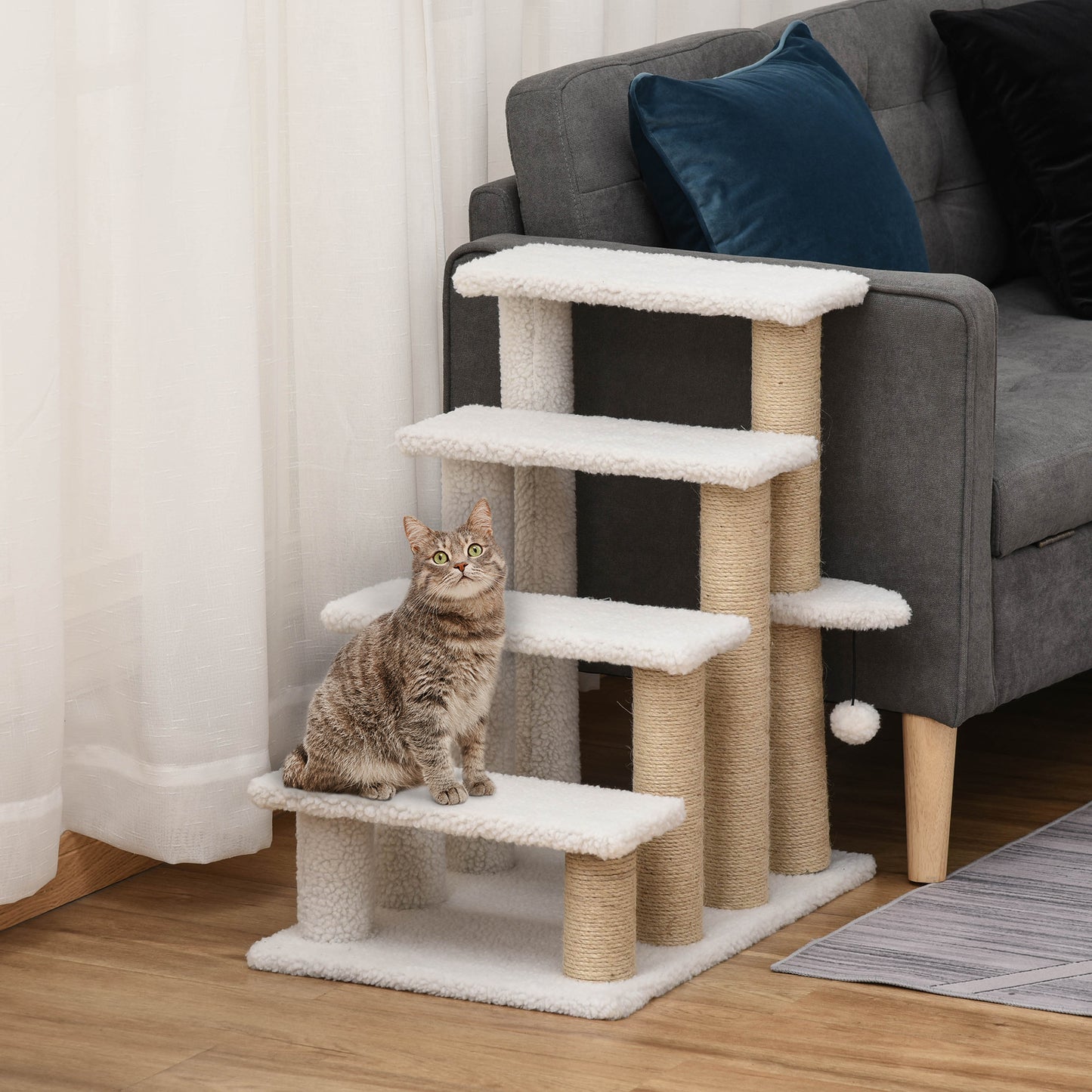 Pawhunt 4 Levels Cat Steps with Scratching Posts for High Bed, Sofa, White
