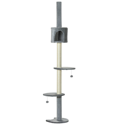 PawHut 100" Cat Tree Height Adjustable Floor-to-Ceiling 4-Tier Kitty Climbing Activity Center Condo Cat Toy with Scratching Post Hanging Balls Play Rest Post Pet Furniture Grey