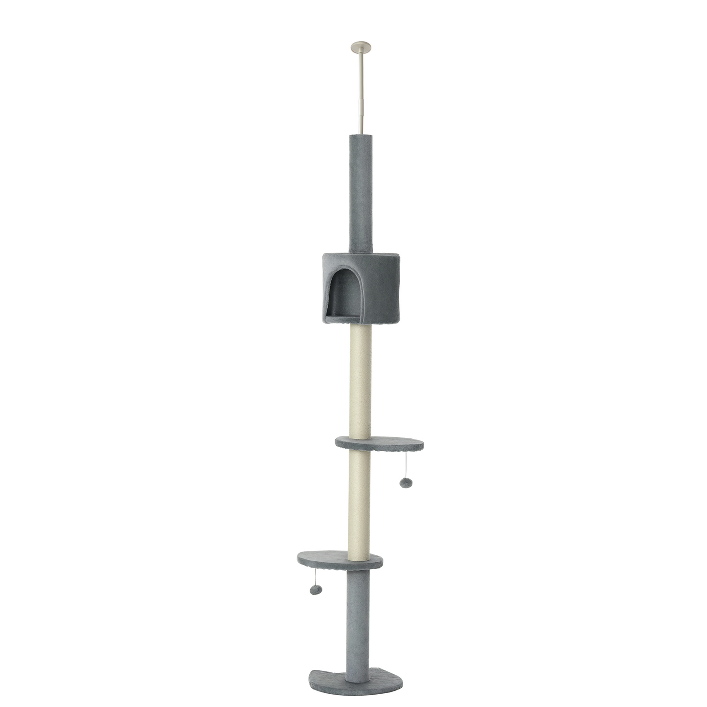 PawHut 100" Cat Tree Height Adjustable Floor-to-Ceiling 4-Tier Kitty Climbing Activity Center Condo Cat Toy with Scratching Post Hanging Balls Play Rest Post Pet Furniture Grey
