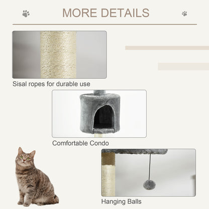 PawHut 100" Cat Tree Height Adjustable Floor-to-Ceiling 4-Tier Kitty Climbing Activity Center Condo Cat Toy with Scratching Post Hanging Balls Play Rest Post Pet Furniture Grey